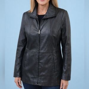 Worthington Women's Black Leather Jacket sz Small Full Zip Front Pockets No Belt